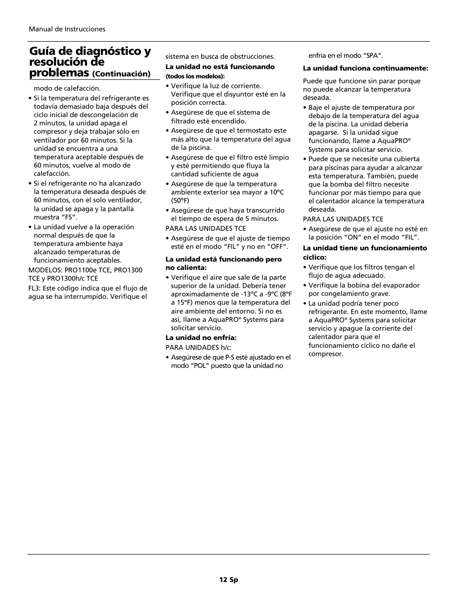 Guía de diagnóstico y resolución de problemas | AquaPRO PRO1300 User Manual | Page 26 / 28