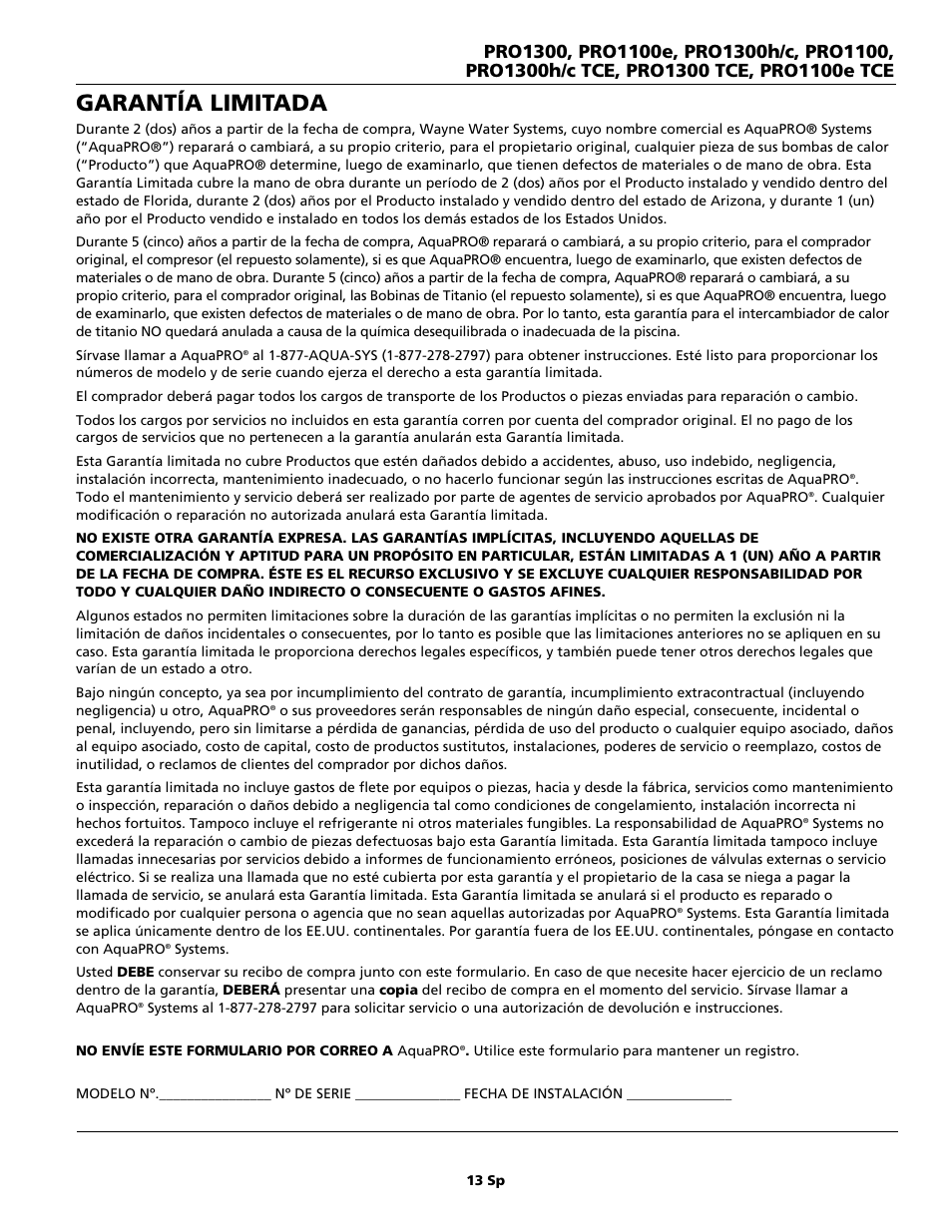 Garantía limitada | AquaPRO PRO1300 User Manual | Page 27 / 28