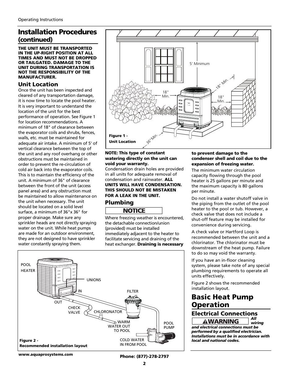 Basic heat pump operation, Installation procedures, Continued) | Unit location, Plumbing, Electrical connections | AquaPRO PRO1300 User Manual | Page 4 / 28