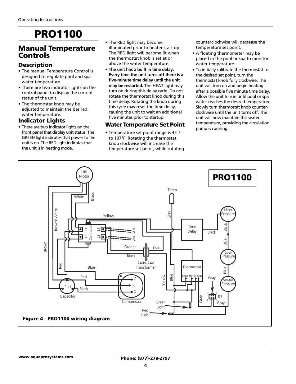 Pro1100, Manual temperature controls, Description | Indicator lights, Water temperature set point | AquaPRO PRO1300 User Manual | Page 6 / 28