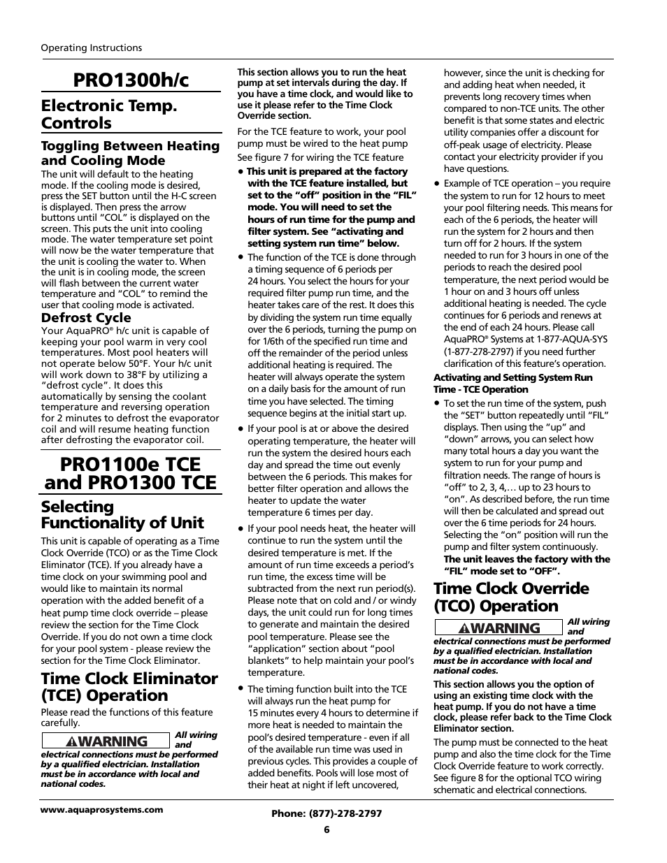 Pro1300h/c, Electronic temp. controls, Time clock override (tco) operation | Selecting functionality of unit, Time clock eliminator (tce) operation | AquaPRO PRO1300 User Manual | Page 8 / 28