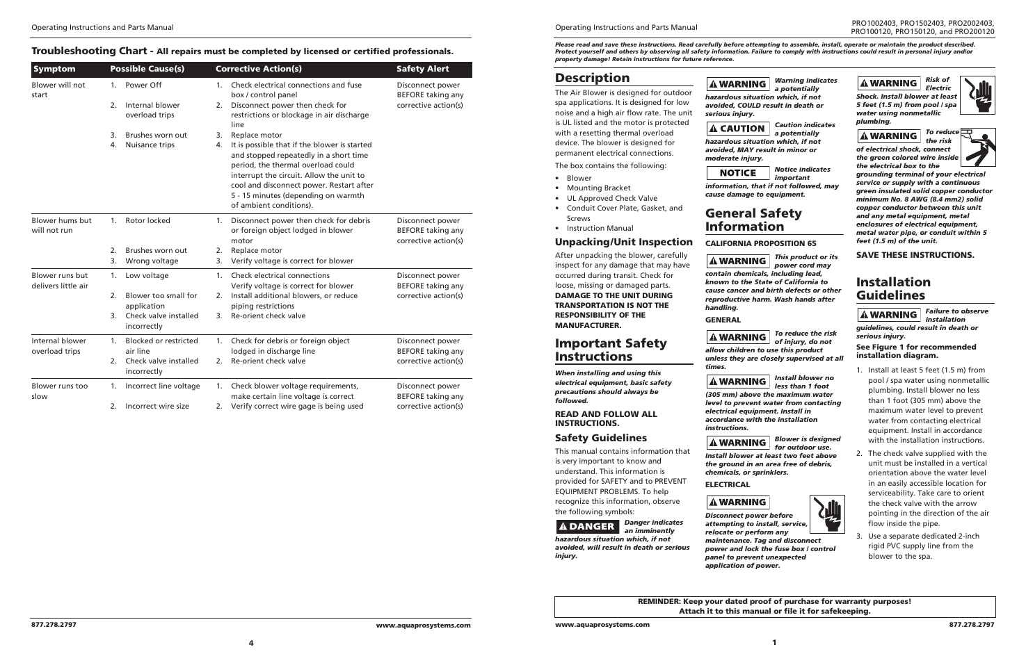 Description, Important safety instructions, General safety information | Installation guidelines, Troubleshooting chart, Unpacking/unit inspection, Safety guidelines | AquaPRO PRO150120 User Manual | Page 3 / 4