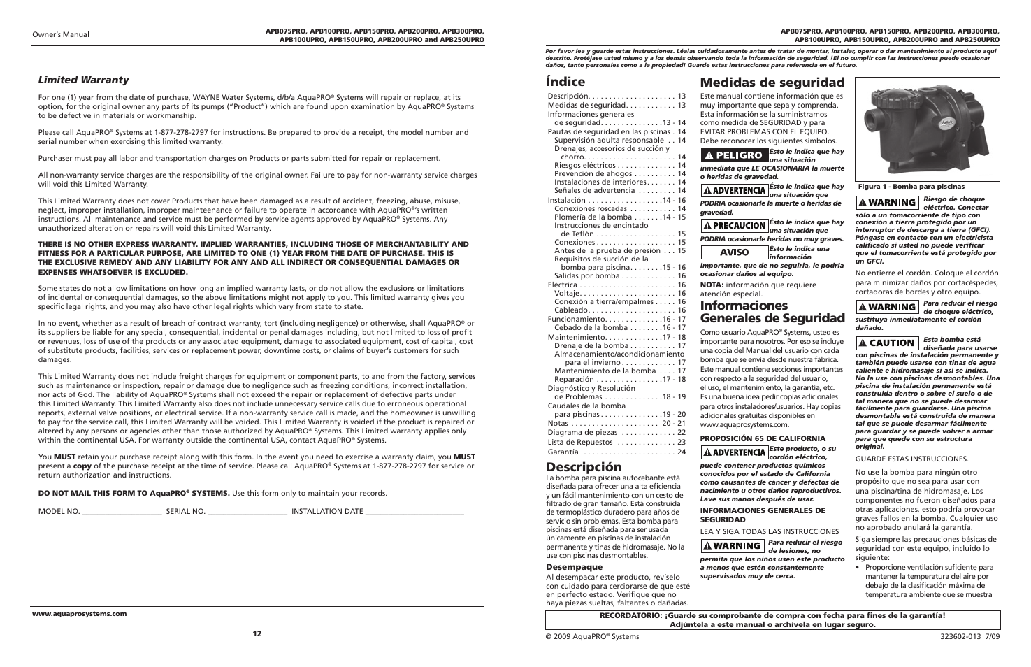 Índice, Descripción, Medidas de seguridad | Informaciones generales de seguridad, Limited warranty | AquaPRO APB300PRO User Manual | Page 12 / 12