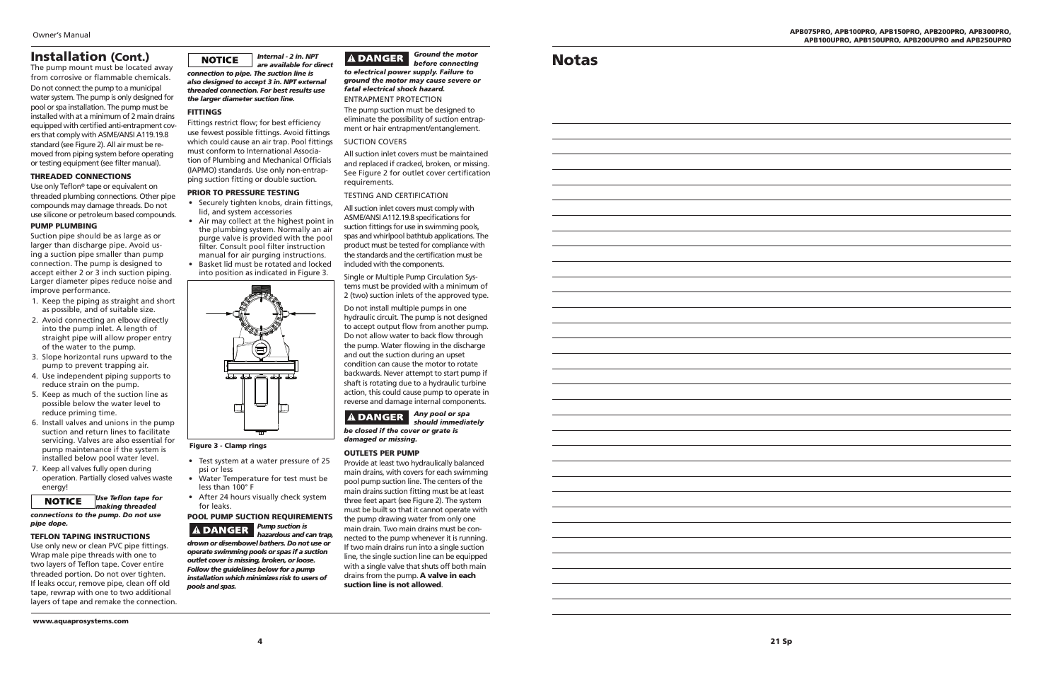 Notas, Installation, Cont.) | AquaPRO APB300PRO User Manual | Page 4 / 12