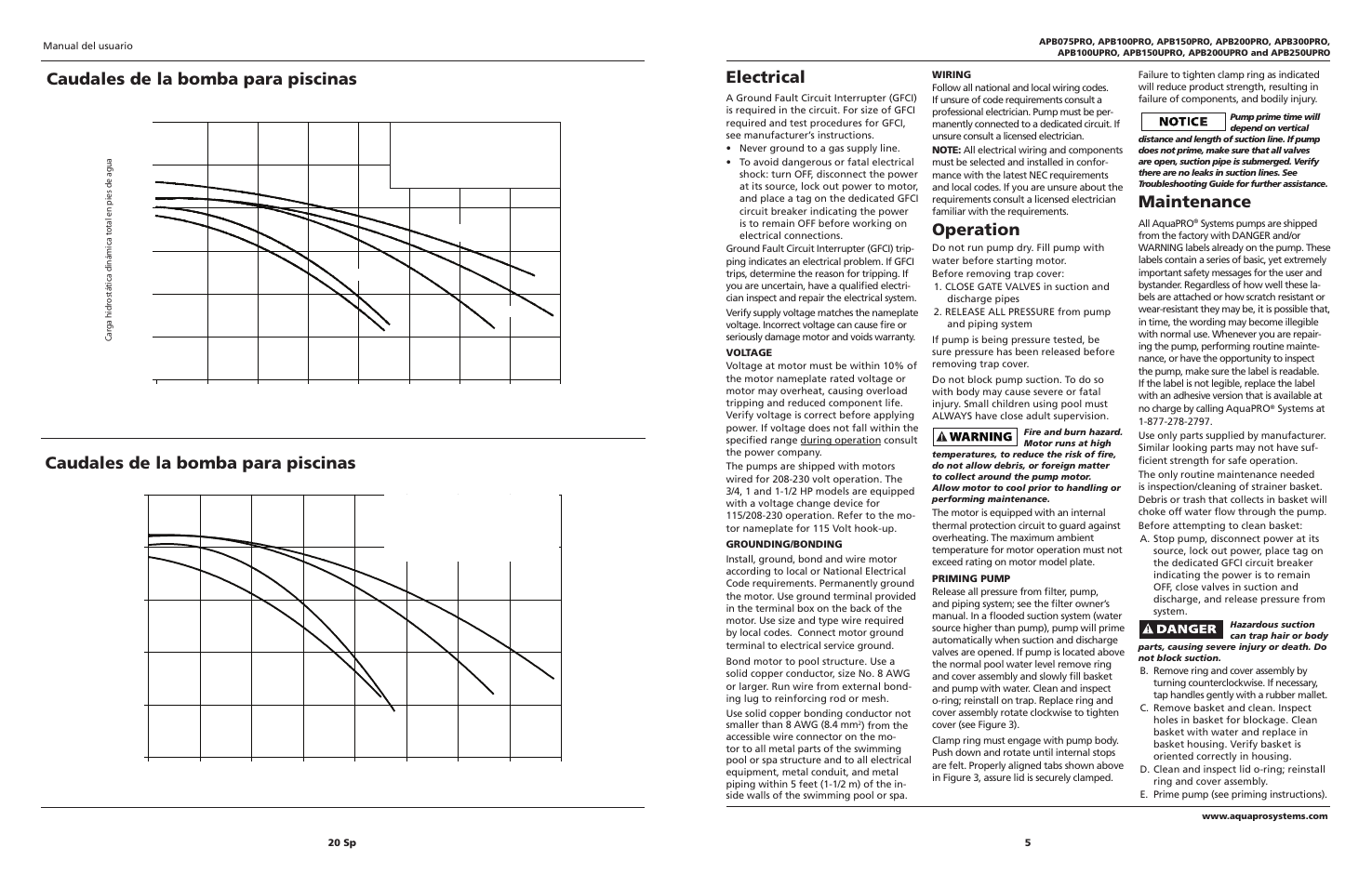 Electrical, Operation, Maintenance | Caudales de la bomba para piscinas | AquaPRO APB300PRO User Manual | Page 5 / 12