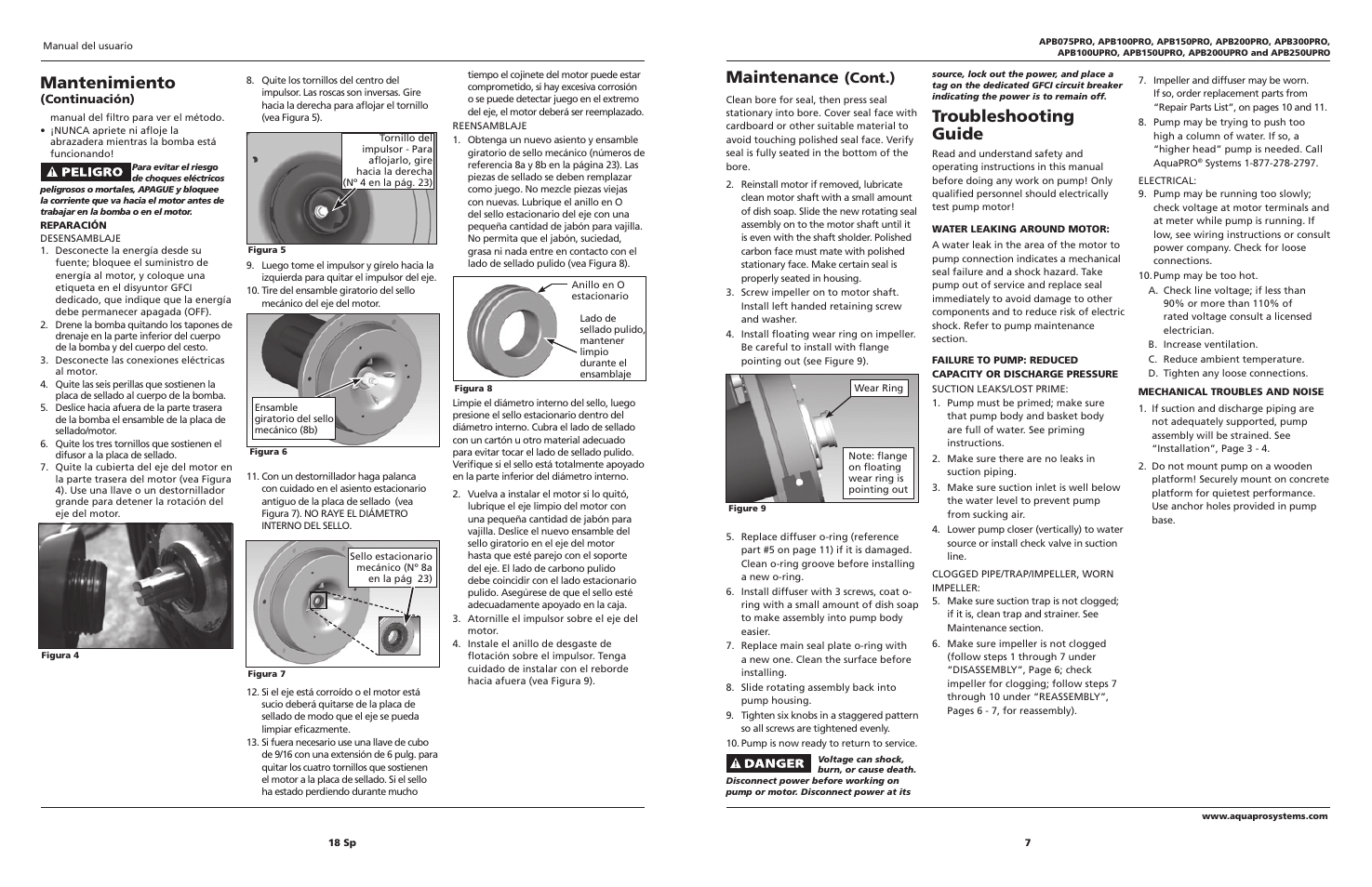Maintenance, Troubleshooting guide, Mantenimiento | Cont.) | AquaPRO APB300PRO User Manual | Page 7 / 12
