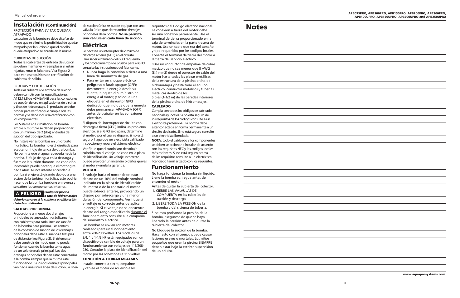 Eléctrica, Funcionamiento, Instalación | AquaPRO APB300PRO User Manual | Page 9 / 12