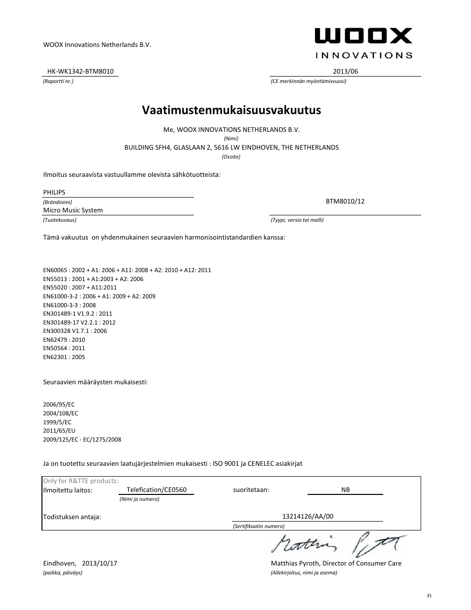 Vaatimustenmukaisuusvakuutus | Philips Fidelio Microchaîne User Manual | Page 6 / 21