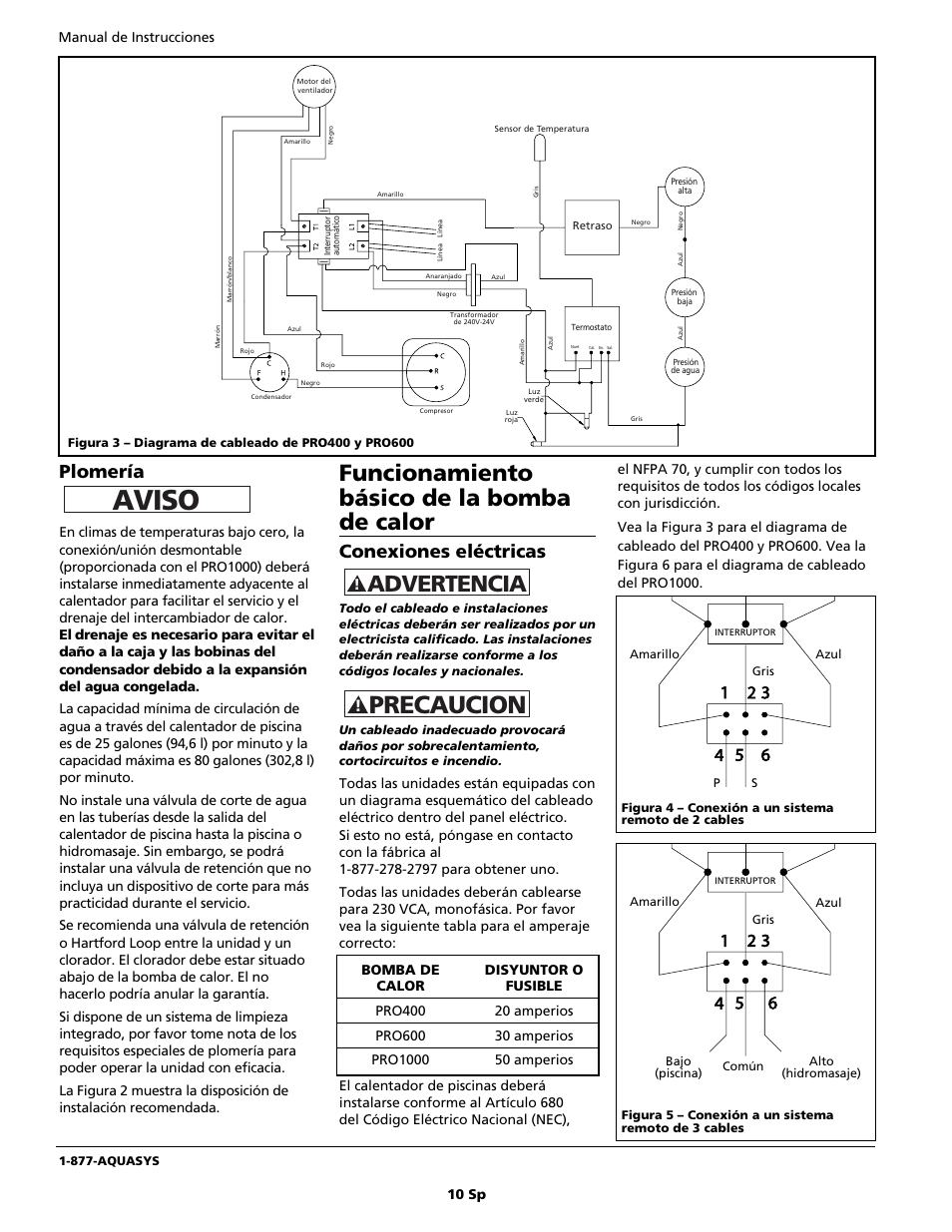 Aviso, Precaucion, Funcionamiento básico de la bomba de calor | Advertencia, Plomería, Conexiones eléctricas | AquaPRO PRO400 User Manual | Page 10 / 16