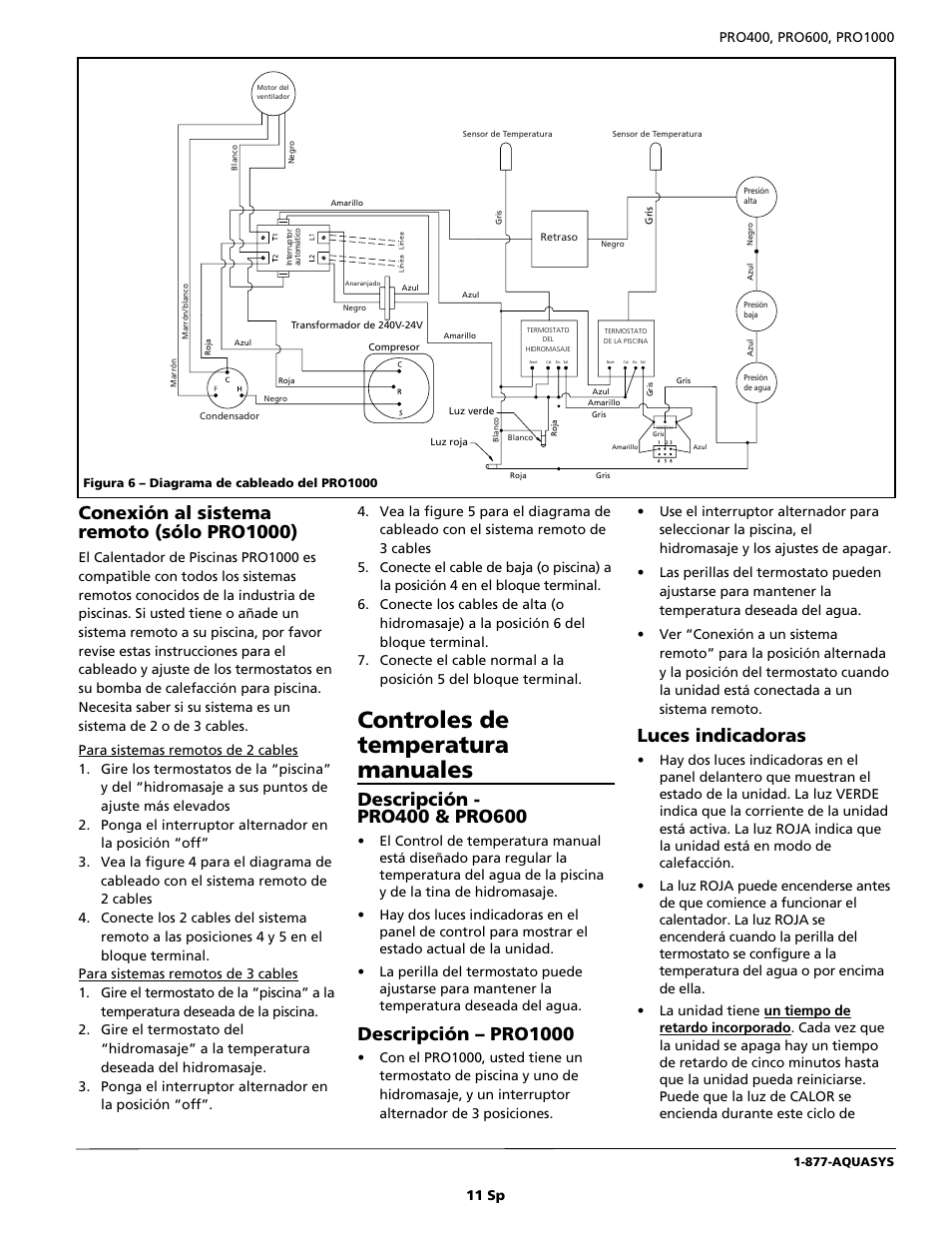 Controles de temperatura manuales, Descripción – pro1000, Luces indicadoras | Conexión al sistema remoto (sólo pro1000) | AquaPRO PRO400 User Manual | Page 11 / 16