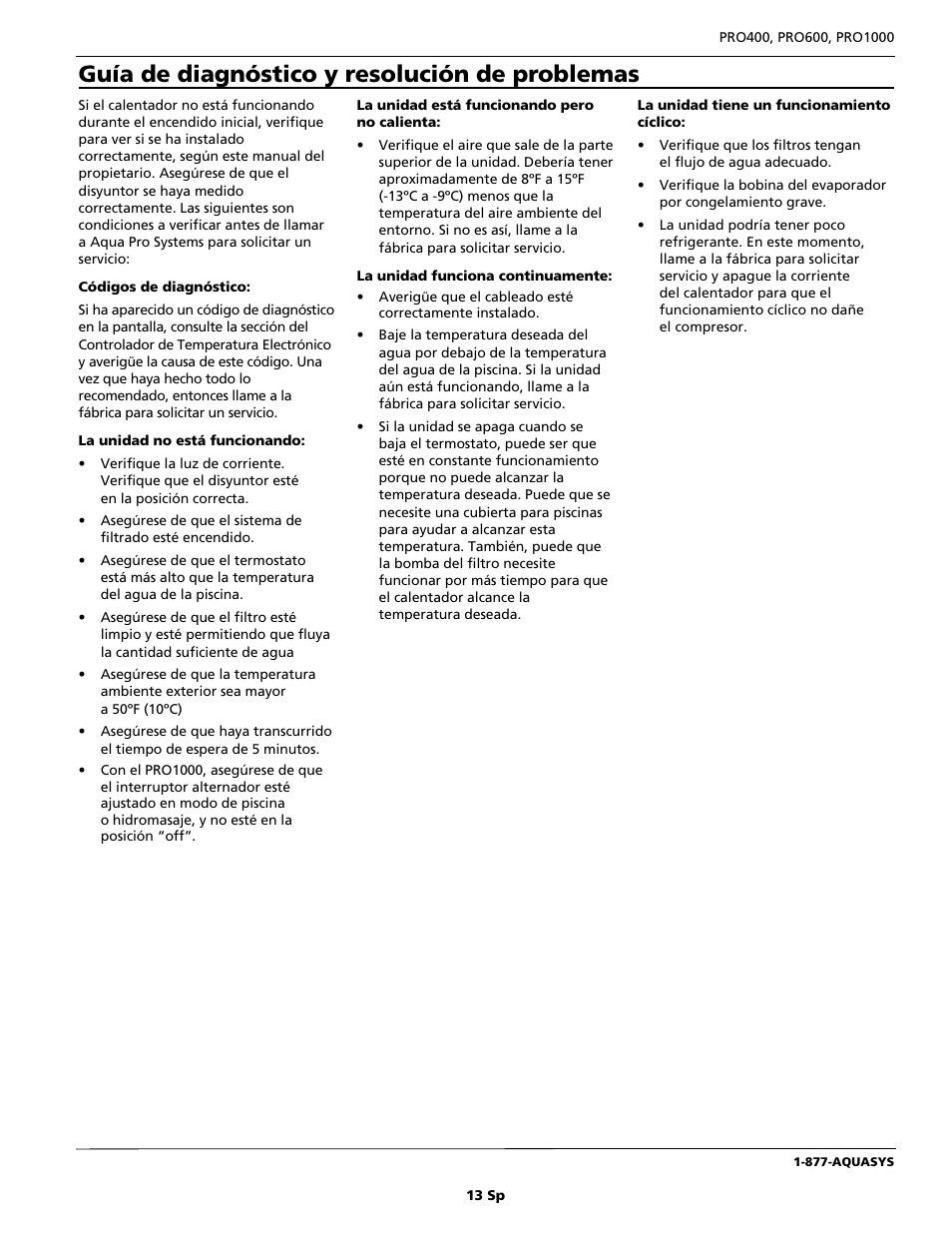 Guía de diagnóstico y resolución de problemas | AquaPRO PRO400 User Manual | Page 13 / 16