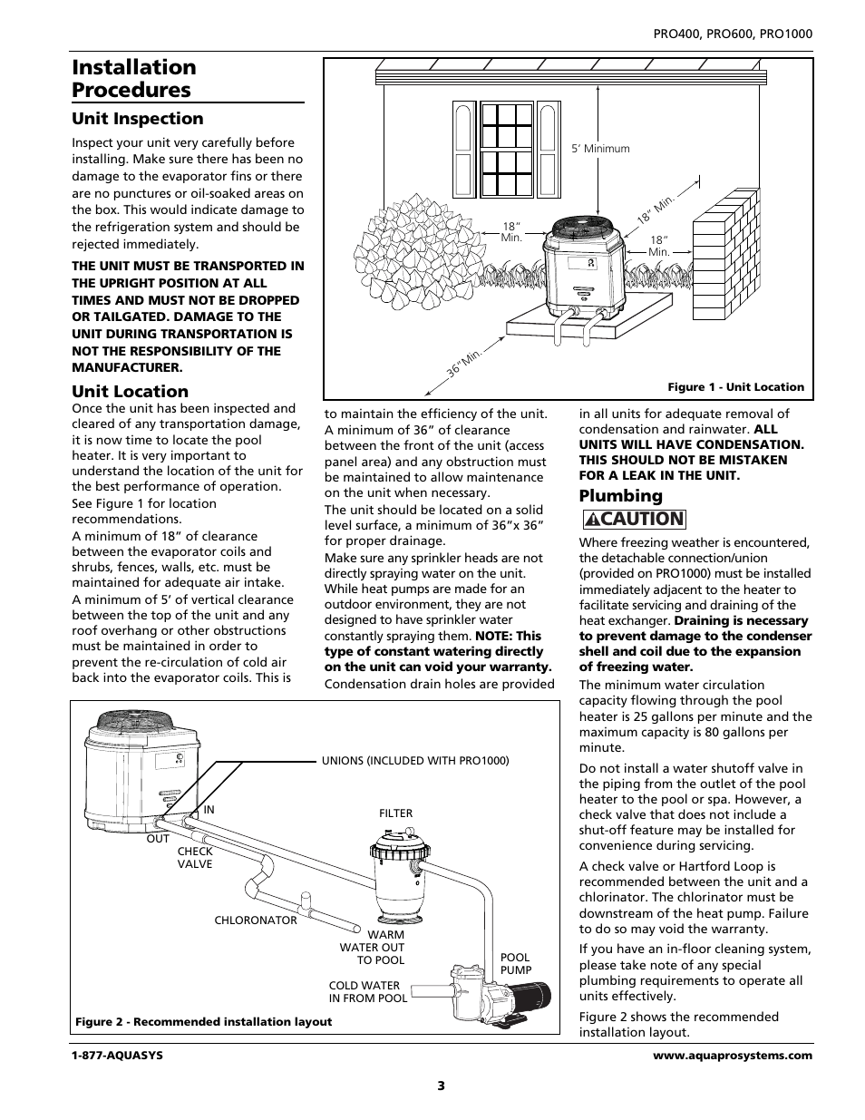Installation procedures, Caution, Unit inspection | Unit location, Plumbing | AquaPRO PRO400 User Manual | Page 3 / 16