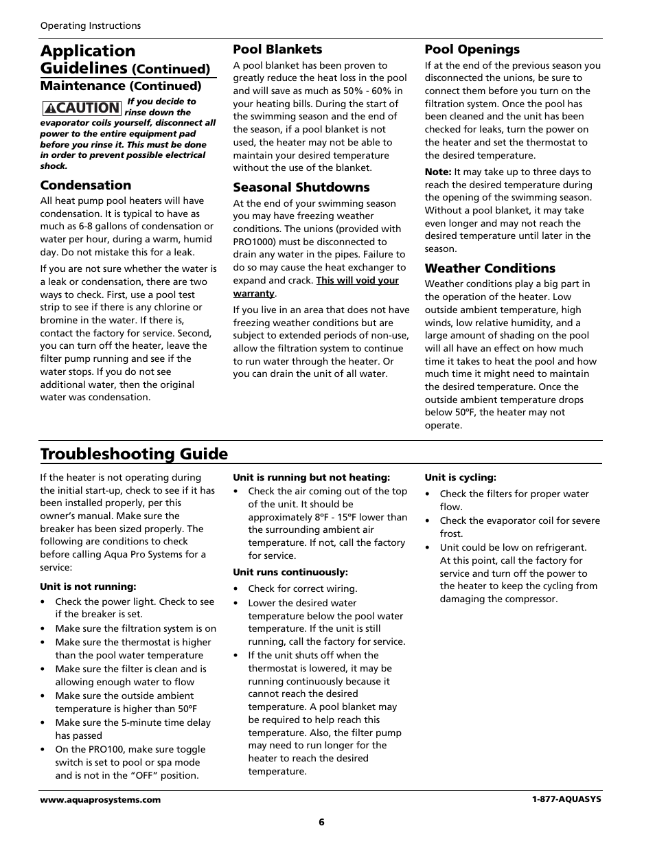Application guidelines, Troubleshooting guide, Caution | AquaPRO PRO400 User Manual | Page 6 / 16