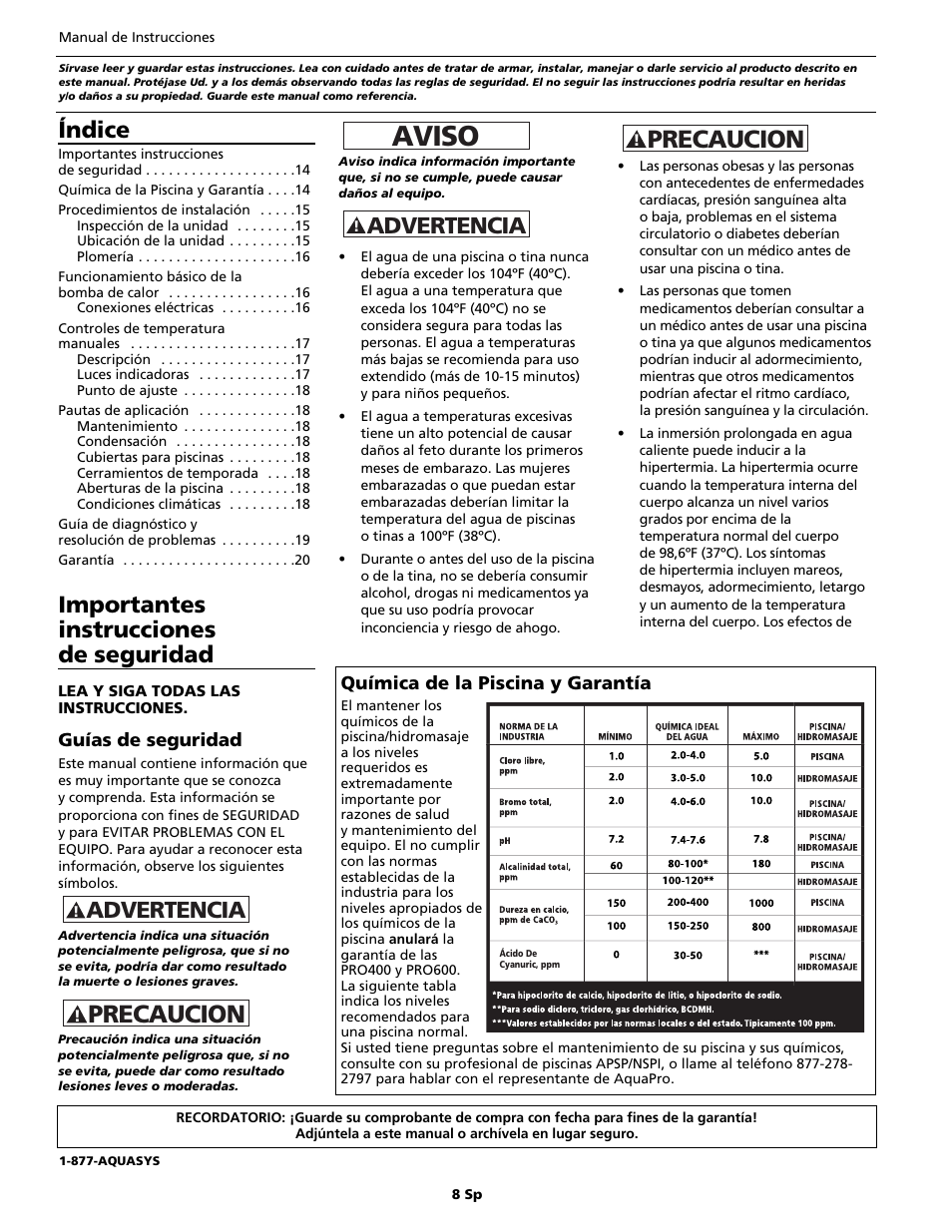 Aviso, Precaucion, Índice | Importantes instrucciones de seguridad, Advertencia | AquaPRO PRO400 User Manual | Page 8 / 16