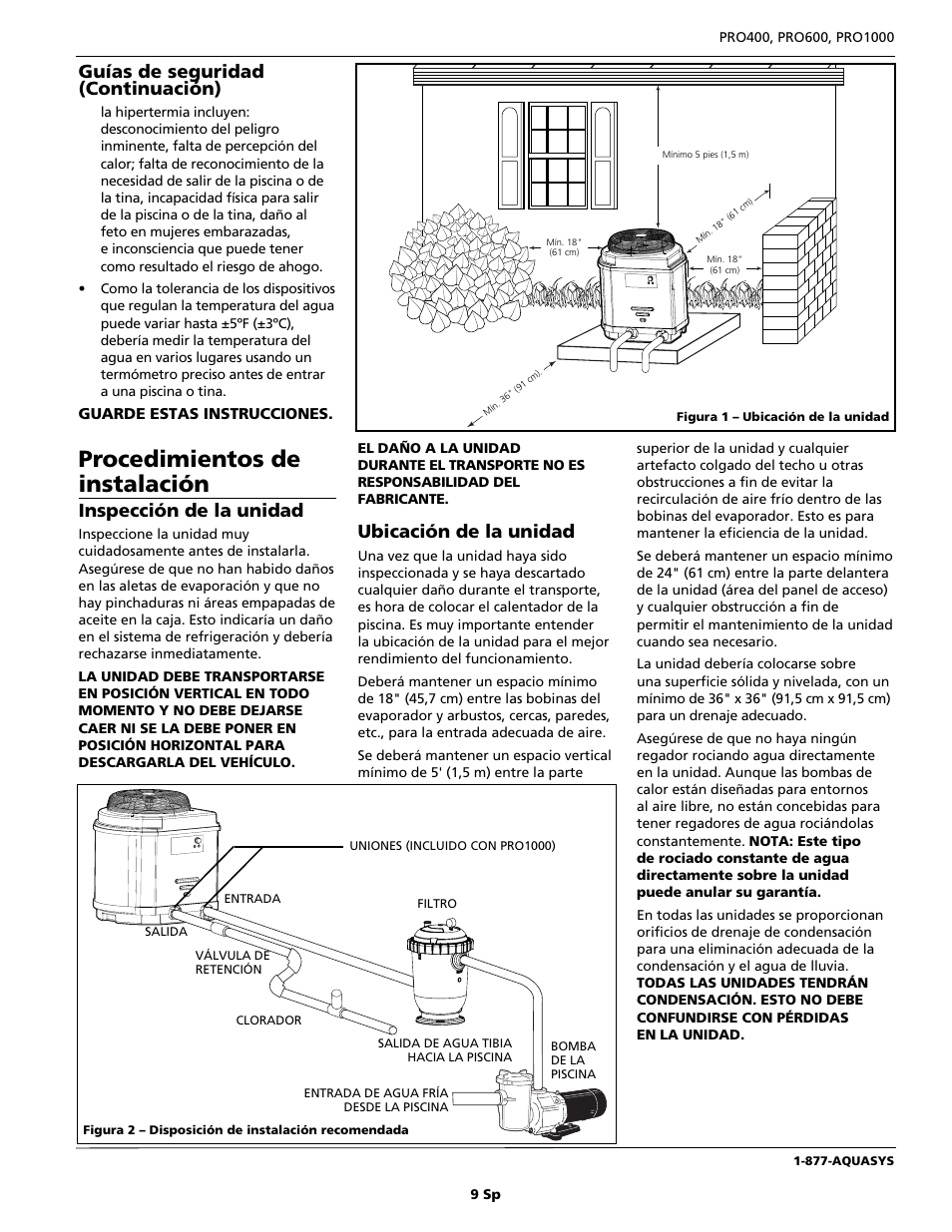 Procedimientos de instalación, Guías de seguridad (continuación), Inspección de la unidad | Ubicación de la unidad | AquaPRO PRO400 User Manual | Page 9 / 16
