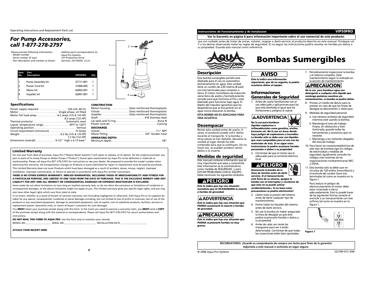 Bombas sumergibles, Aviso, Peligro | Precaucion, Advertencia | AquaPRO VIP50PRO User Manual | Page 4 / 4