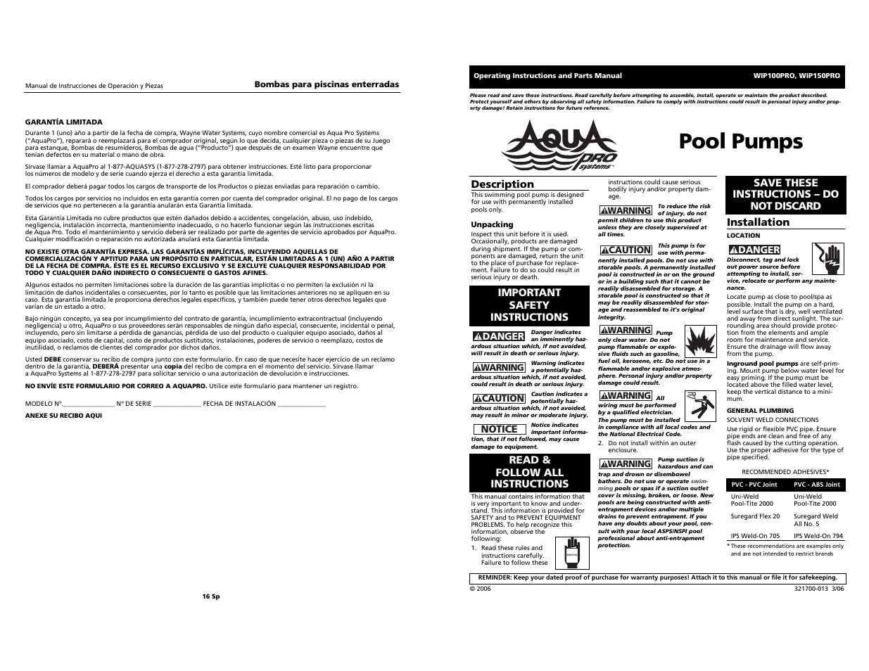 AquaPRO WIP150PRO User Manual | 8 pages