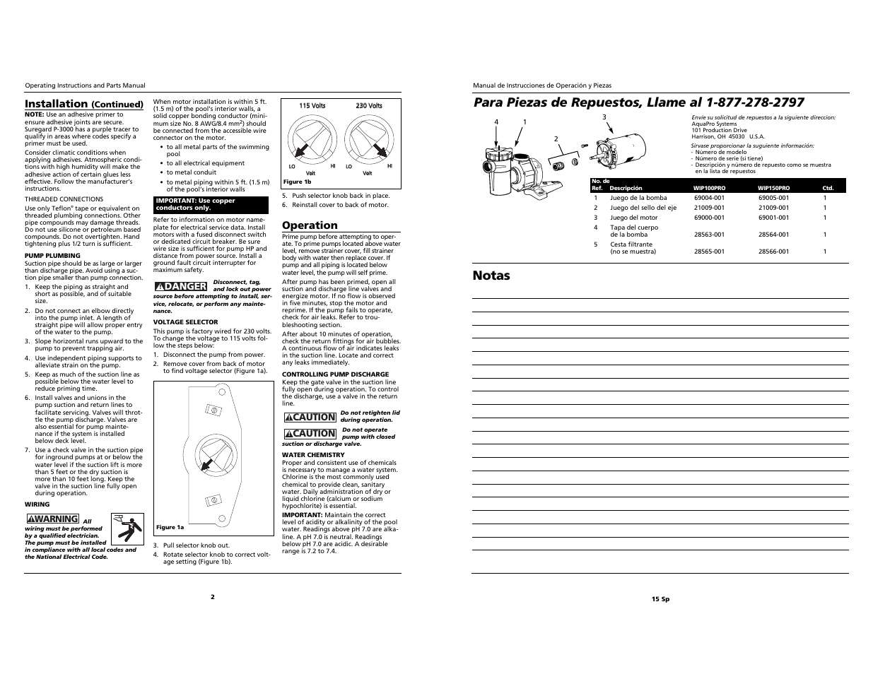 Notas, Installation, Operation | AquaPRO WIP150PRO User Manual | Page 2 / 8