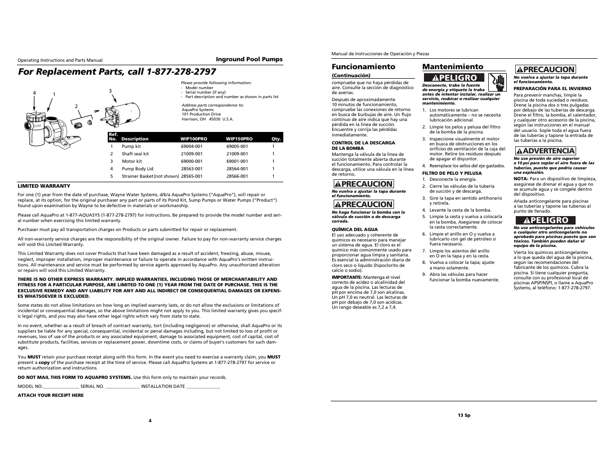 Peligro, Precaucion, Advertencia | Funcionamiento, Mantenimiento | AquaPRO WIP150PRO User Manual | Page 4 / 8