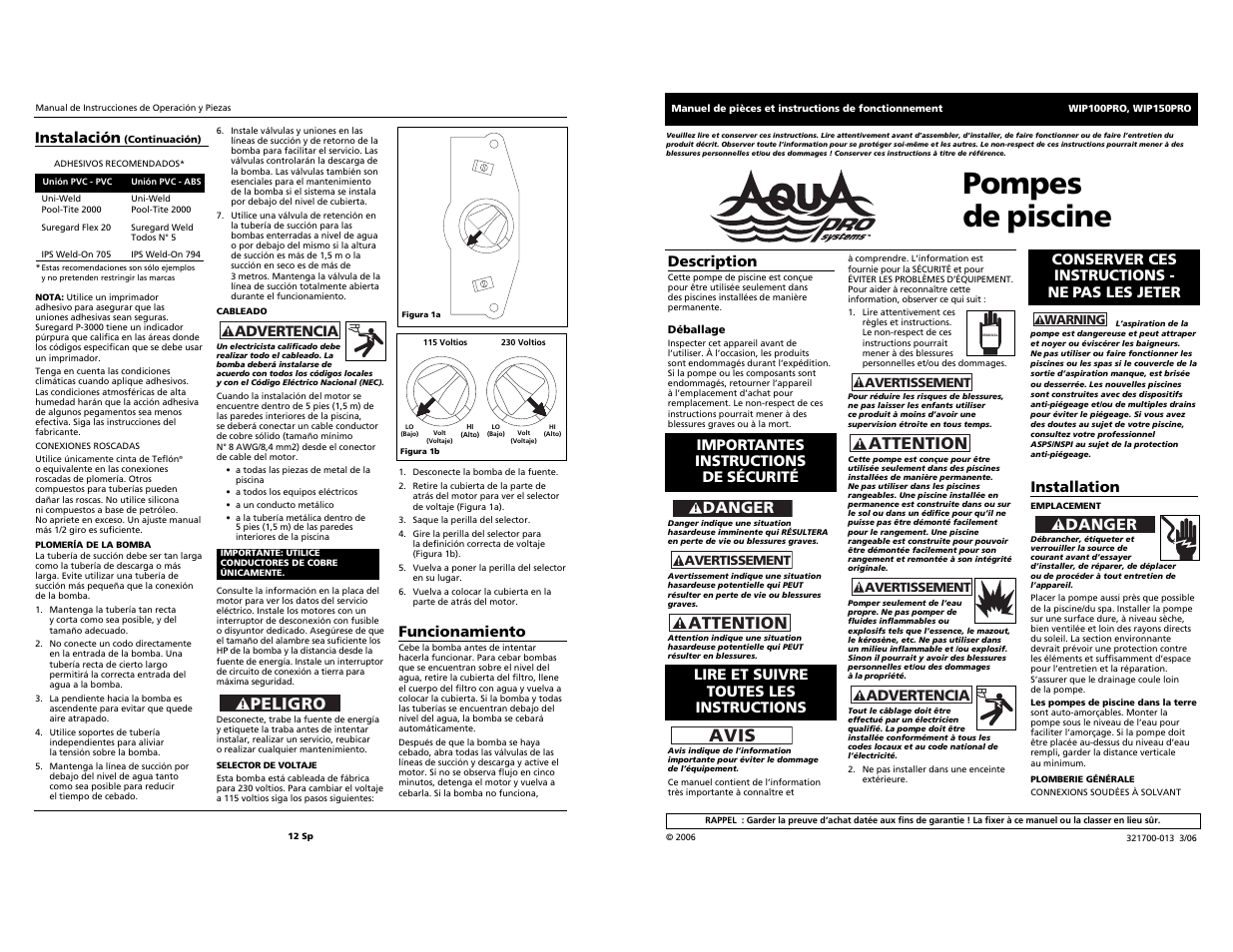 Pompes de piscine, Peligro, Attention | Avis, Danger, Advertencia, Funcionamiento, Installation, Description, Instalación | AquaPRO WIP150PRO User Manual | Page 5 / 8