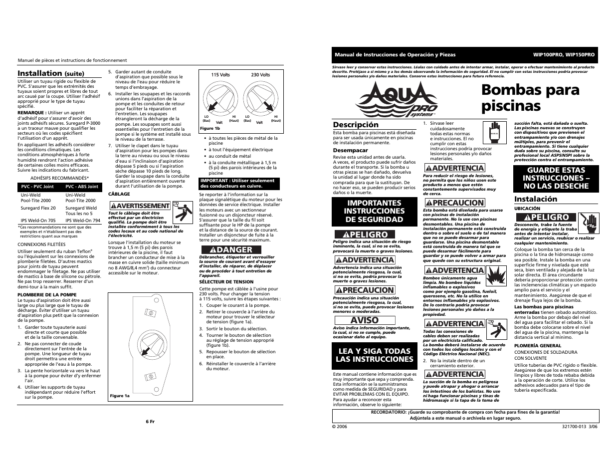 Bombas para piscinas, Aviso, Peligro | Precaucion, Danger, Advertencia, Instalación, Descripción, Installation | AquaPRO WIP150PRO User Manual | Page 6 / 8