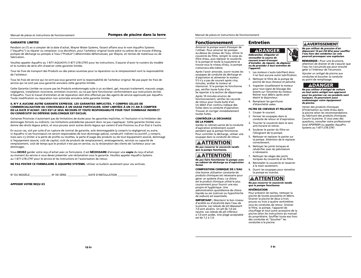 Attention, Danger, Fonctionnement | Entretien | AquaPRO WIP150PRO User Manual | Page 7 / 8