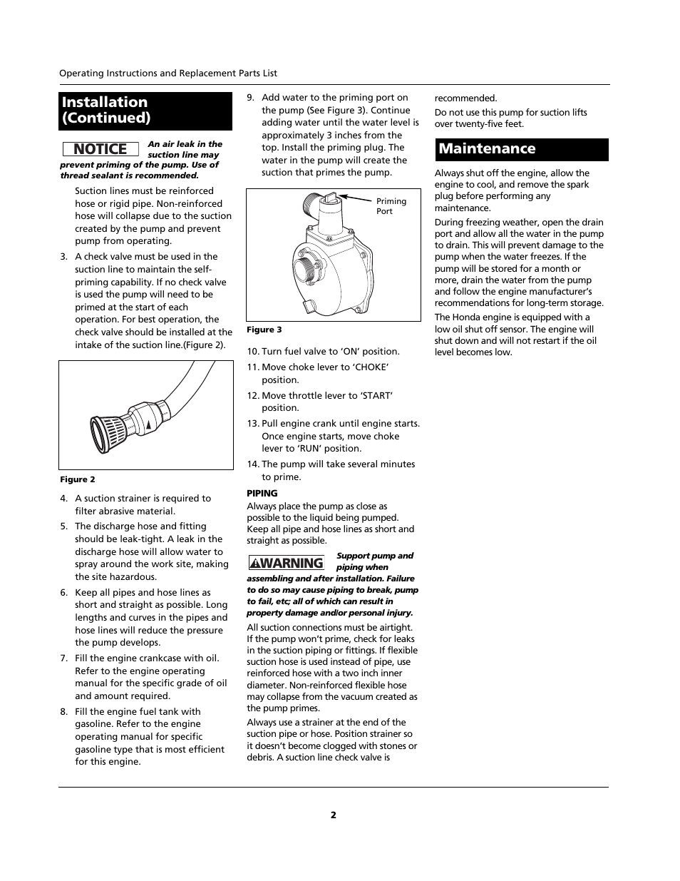 Notice, Maintenance installation (continued), Warning | AquaPRO GPH550PRO User Manual | Page 2 / 12