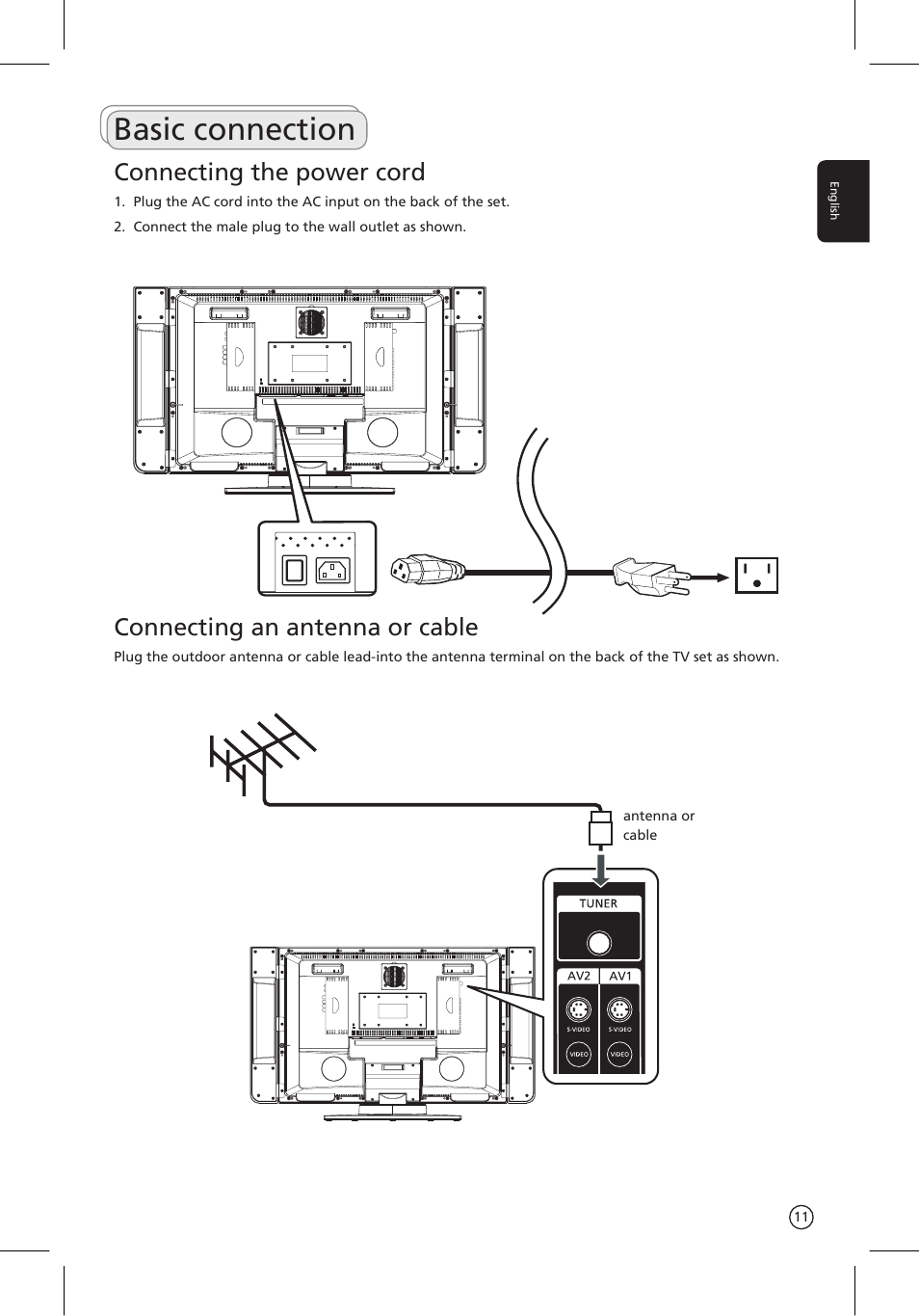 Basic connection, Connecting the power cord, Connecting an antenna or cable | Acer AT3201W User Manual | Page 11 / 25