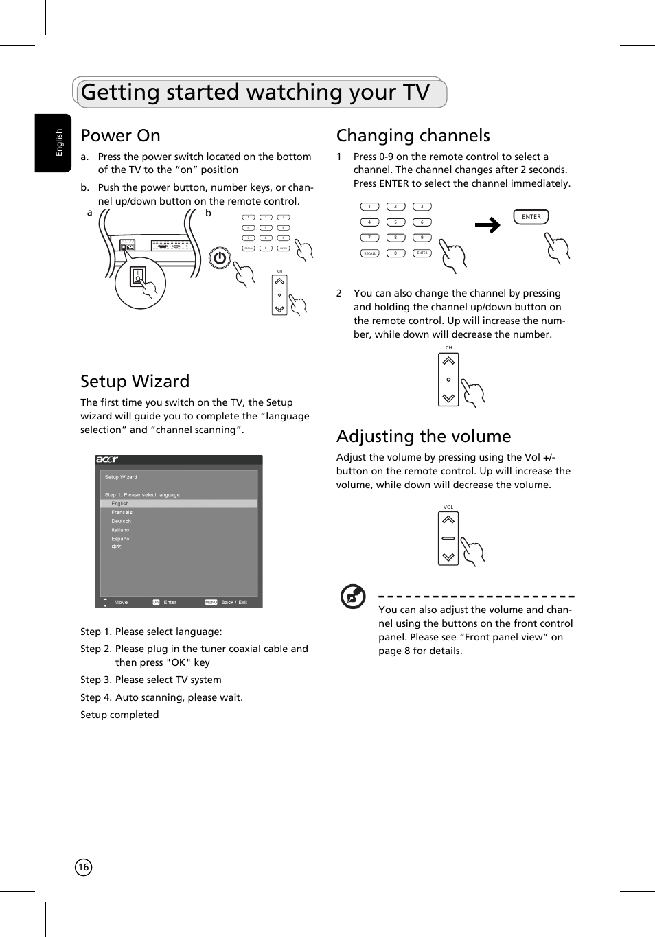 Getting started watching your tv, Changing channels, Adjusting the volume | Power on, Setup wizard | Acer AT3201W User Manual | Page 16 / 25