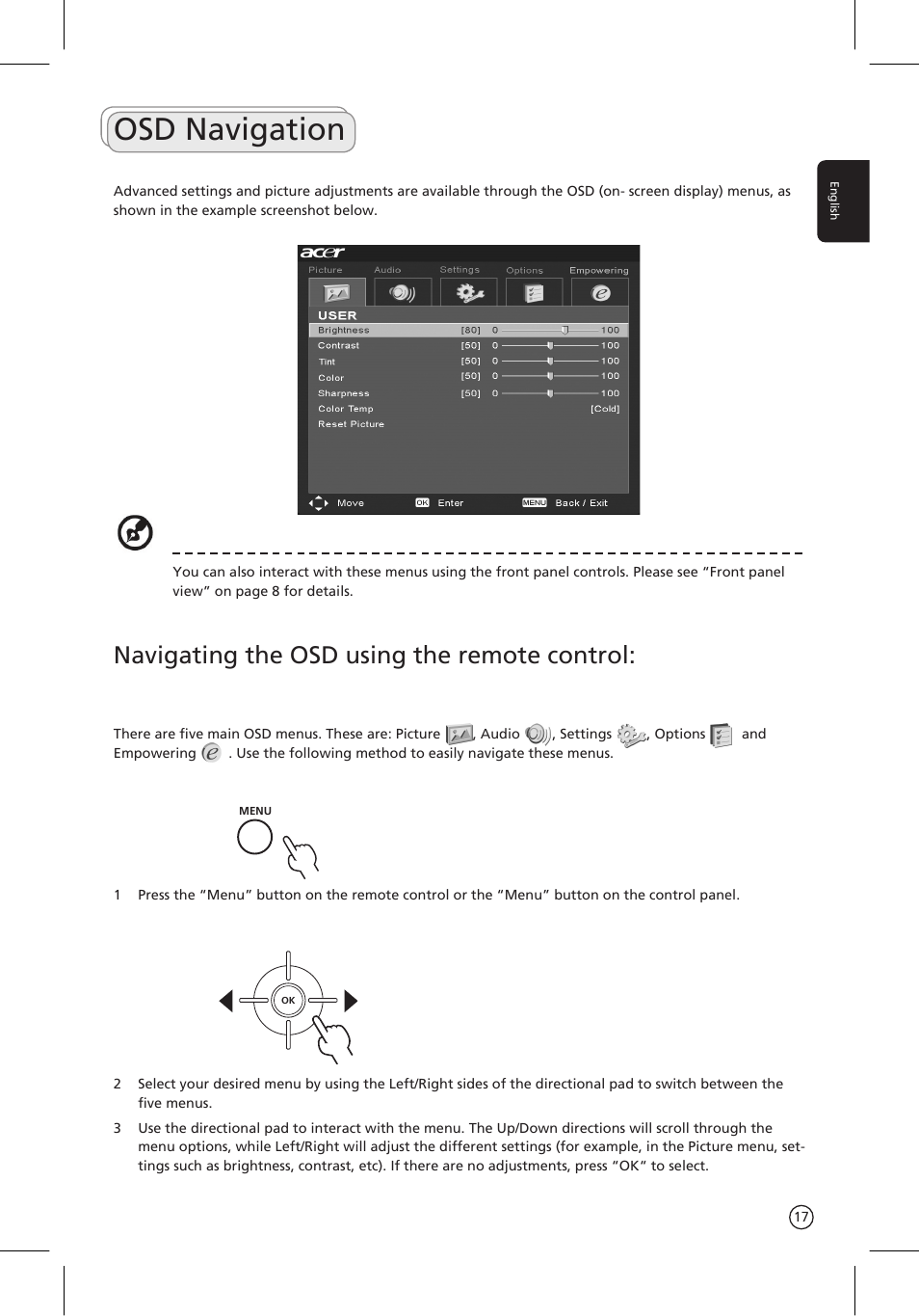 Osd navigation, Navigating the osd using the remote control | Acer AT3201W User Manual | Page 17 / 25