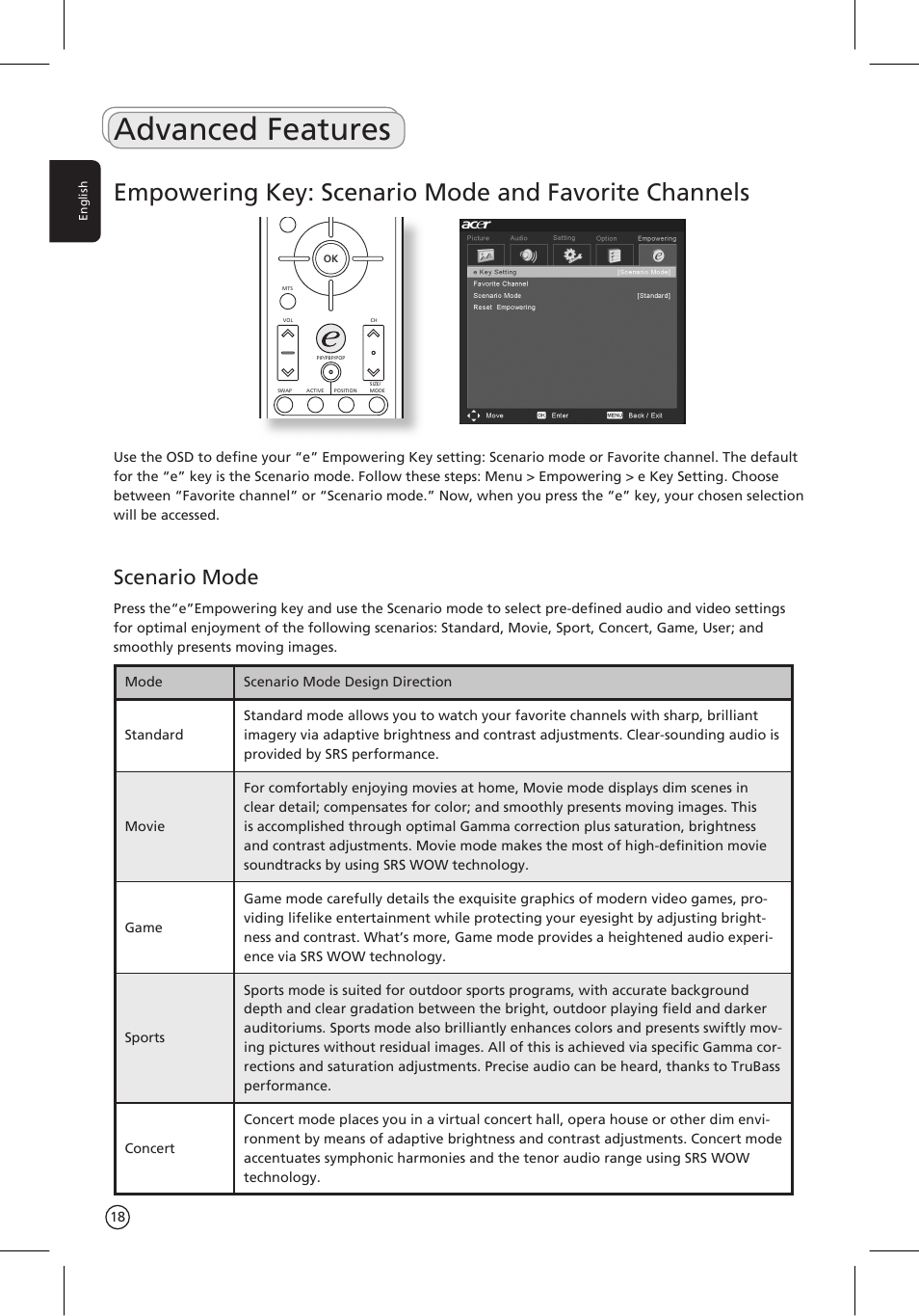 Advanced features, Scenario mode | Acer AT3201W User Manual | Page 18 / 25