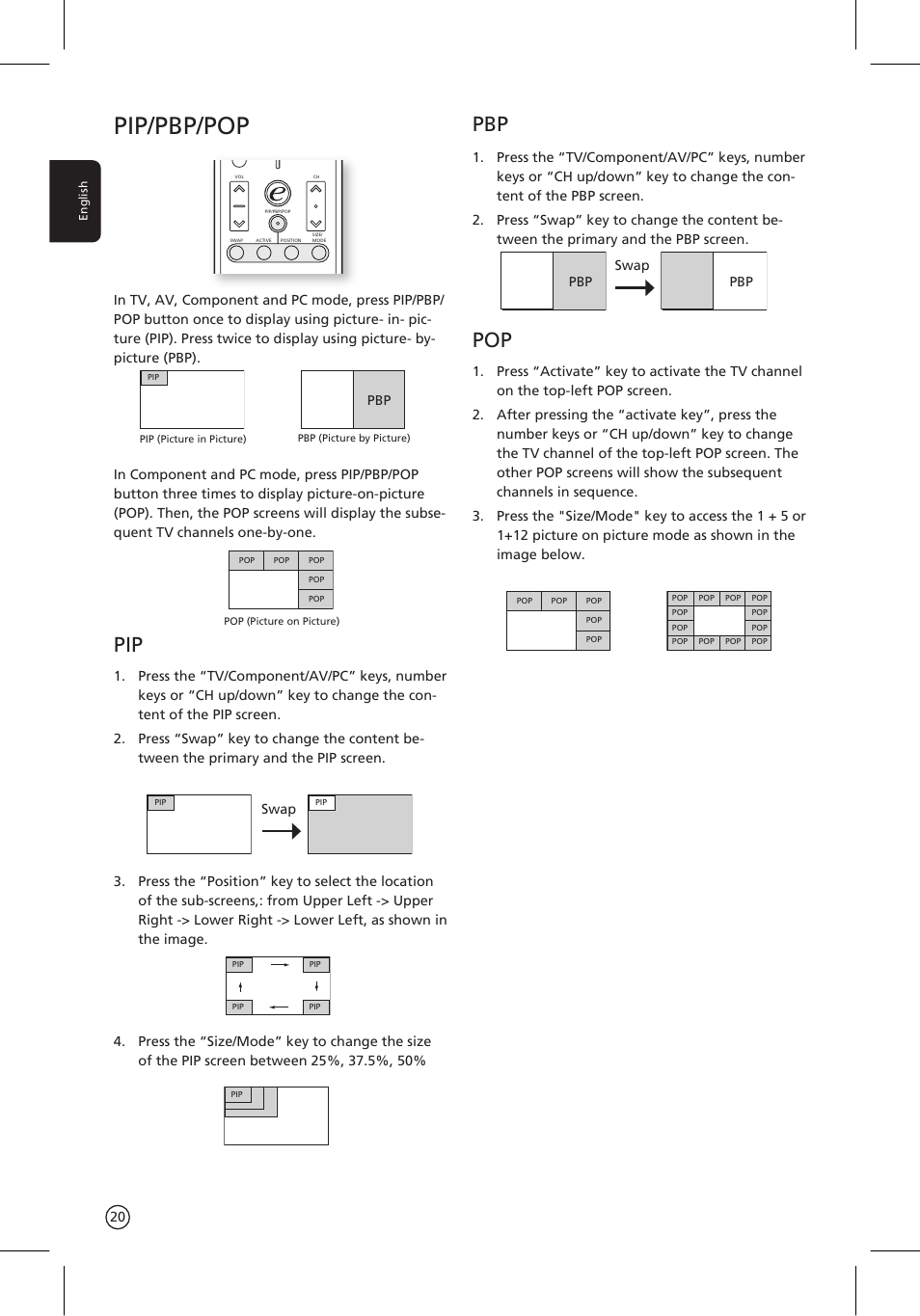 Pip/pbp/pop, Swap ��� ��� swap | Acer AT3201W User Manual | Page 20 / 25