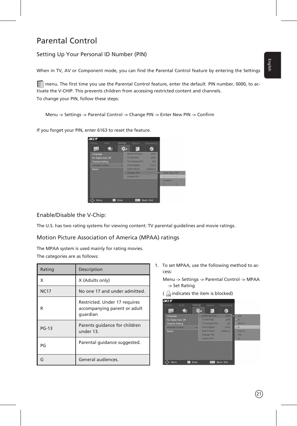 Parental control | Acer AT3201W User Manual | Page 21 / 25