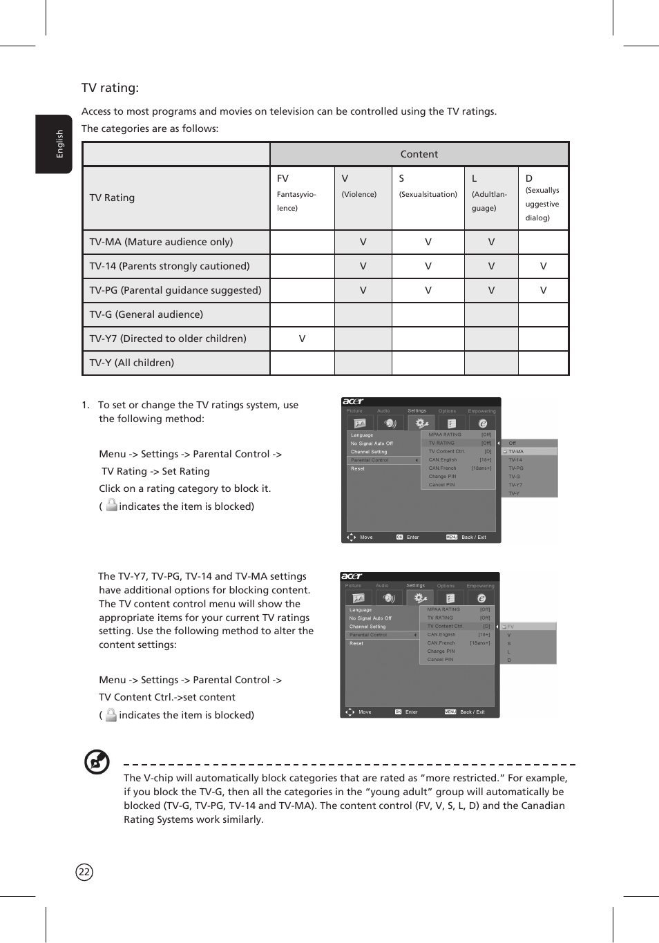 Tv rating | Acer AT3201W User Manual | Page 22 / 25