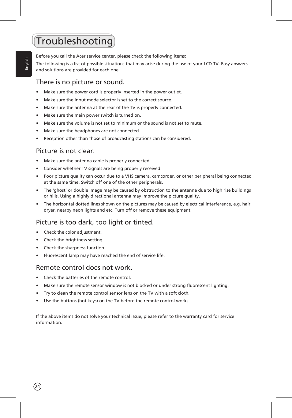 Troubleshooting, There is no picture or sound, Picture is not clear | Picture is too dark, too light or tinted, Remote control does not work | Acer AT3201W User Manual | Page 24 / 25