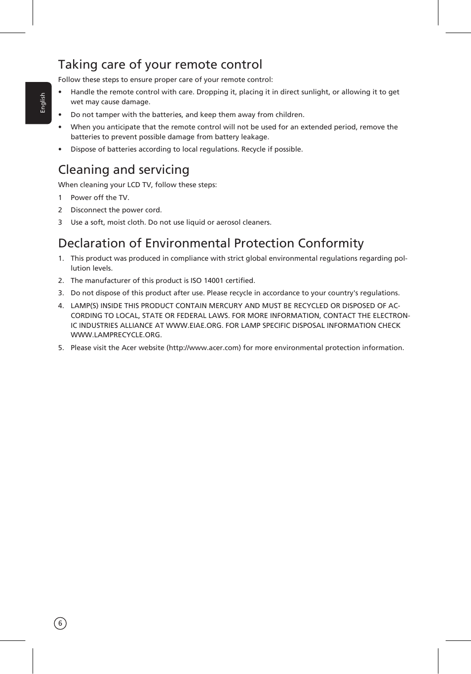 Taking care of your remote control, Cleaning and servicing, Declaration of environmental protection conformity | Acer AT3201W User Manual | Page 6 / 25