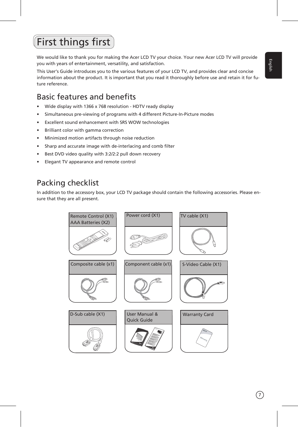 First things first, Basic features and benefits, Packing checklist | Acer AT3201W User Manual | Page 7 / 25