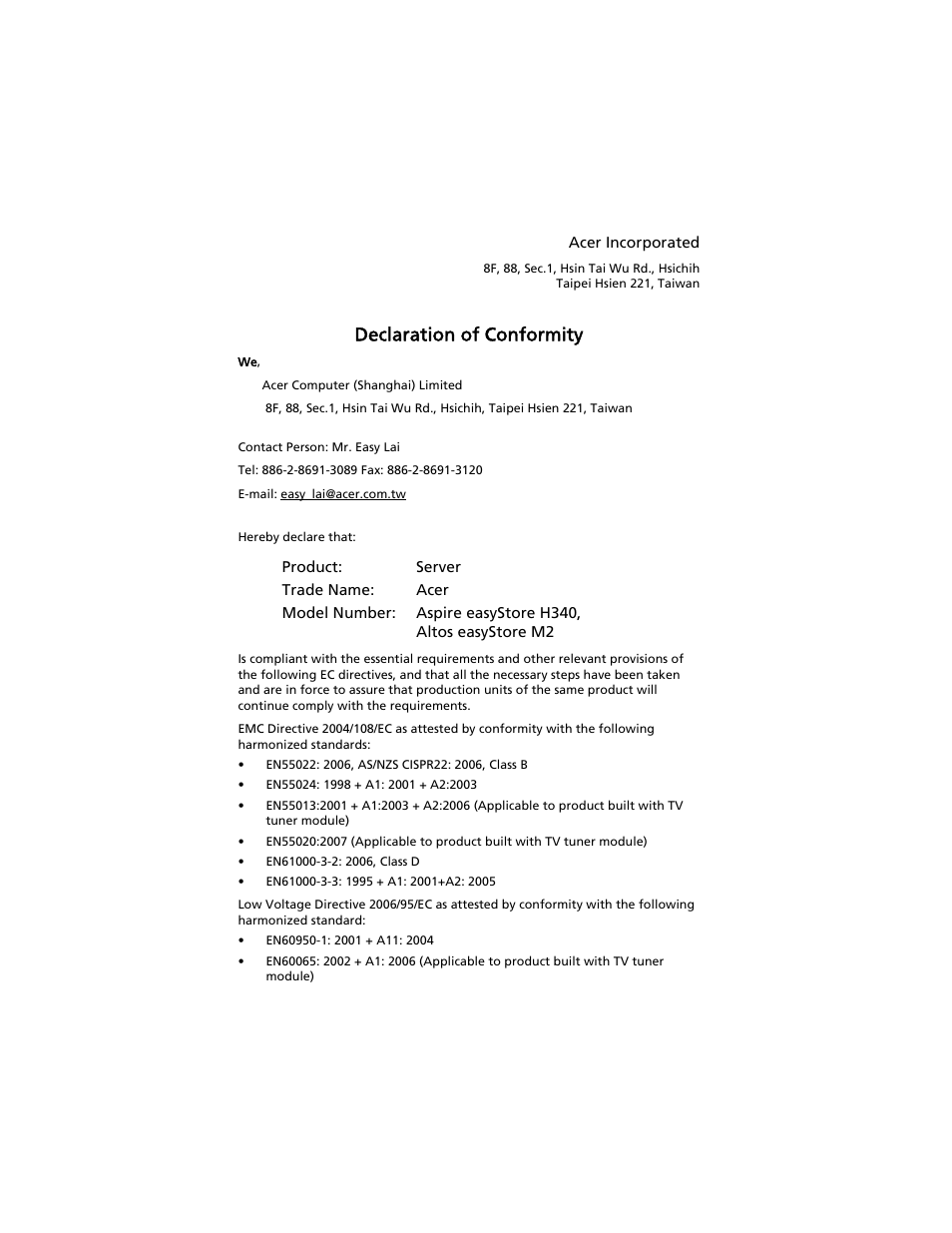 Declaration of conformity | Acer Aspire easyStore H340 User Manual | Page 10 / 148