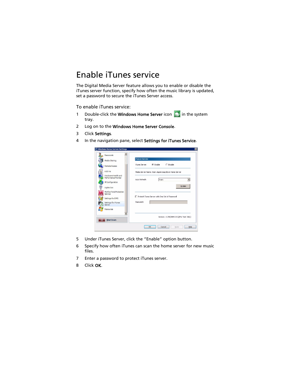 Enable itunes service | Acer Aspire easyStore H340 User Manual | Page 101 / 148