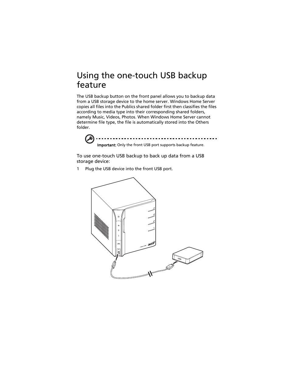 Using the one-touch usb backup feature | Acer Aspire easyStore H340 User Manual | Page 105 / 148
