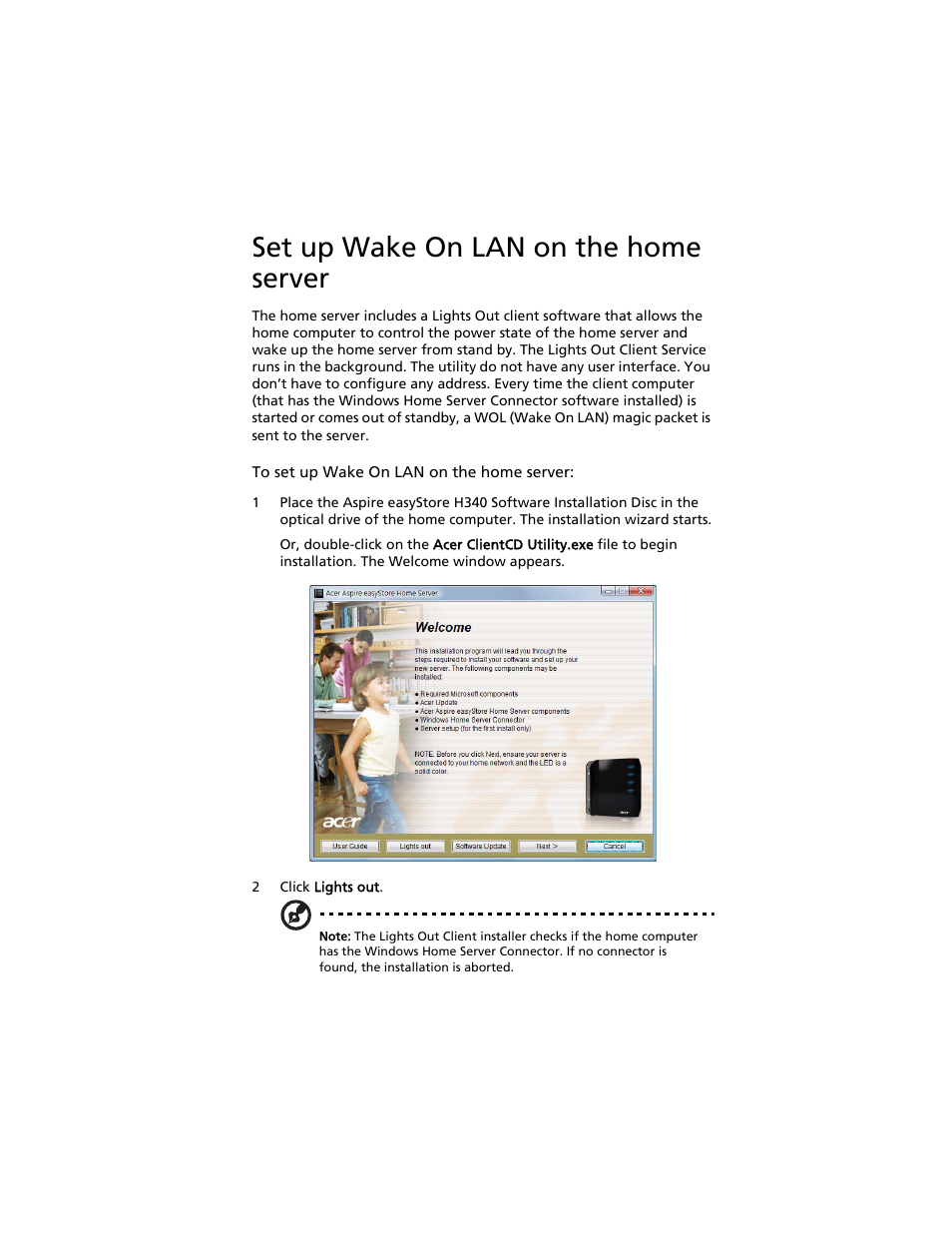 Set up wake on lan on the home server, R to “set up wake on lan | Acer Aspire easyStore H340 User Manual | Page 107 / 148