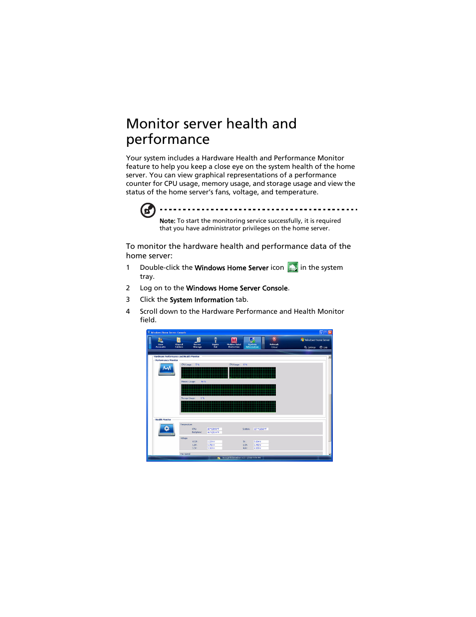 Monitor server health and performance | Acer Aspire easyStore H340 User Manual | Page 113 / 148