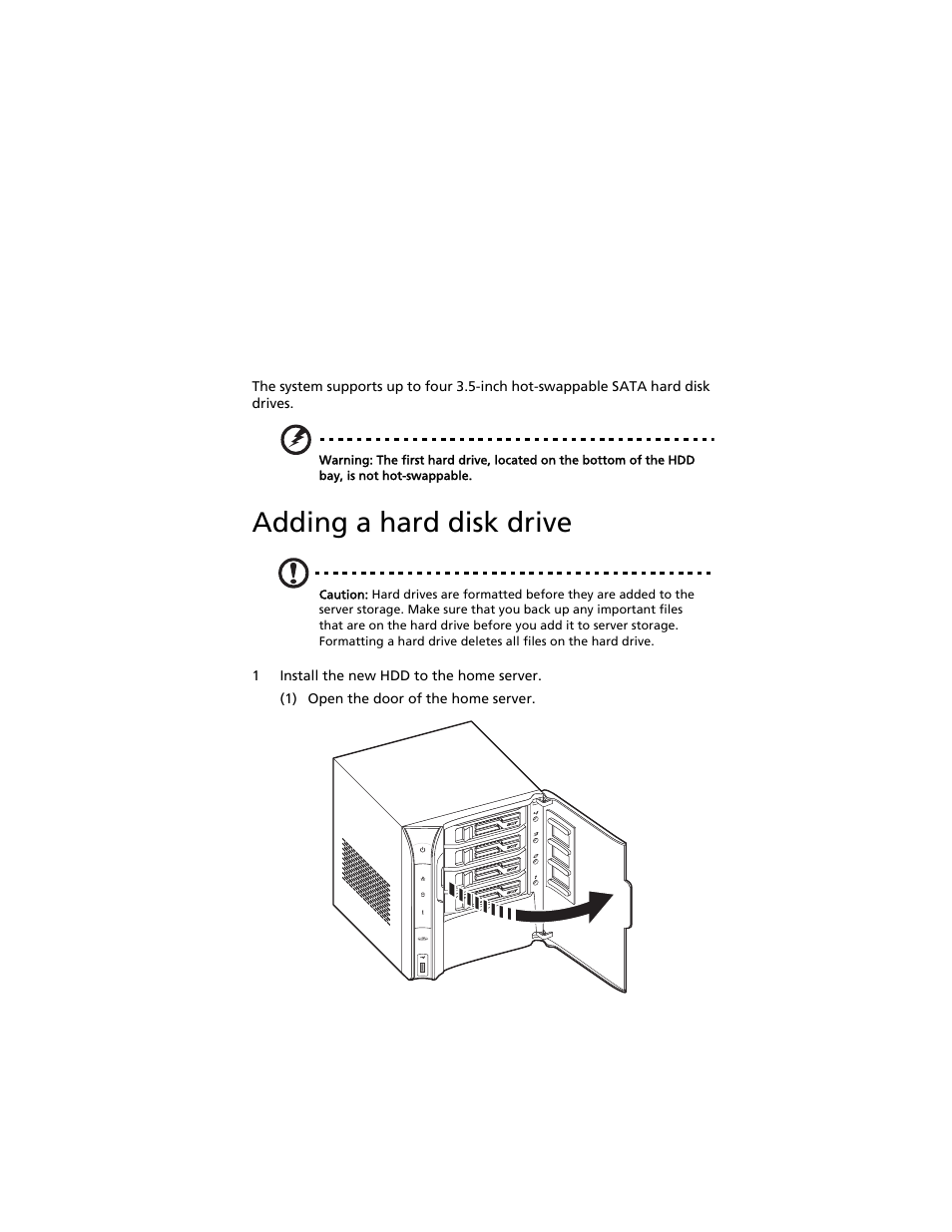 5 configuring the hard disk drive, Adding a hard disk drive | Acer Aspire easyStore H340 User Manual | Page 121 / 148