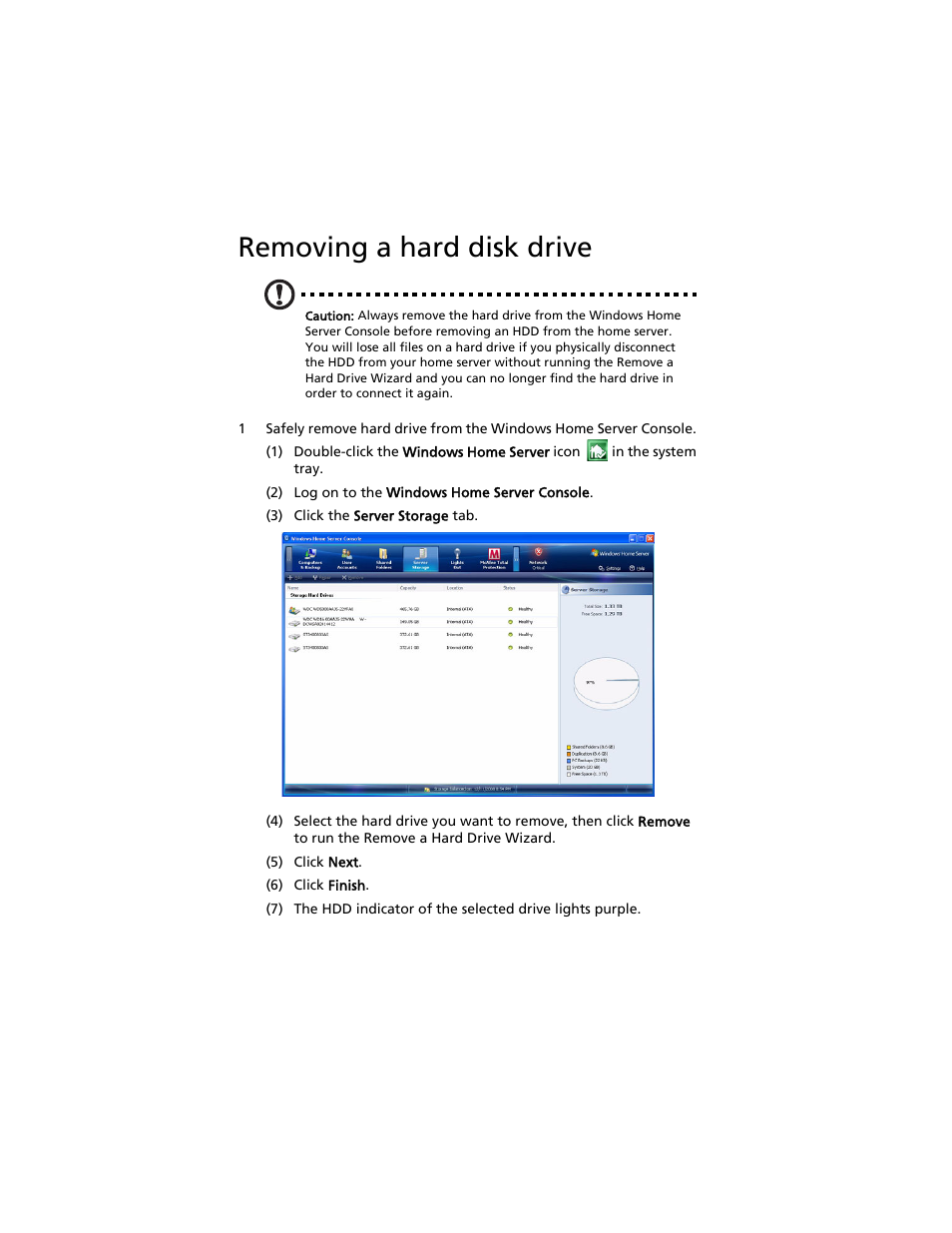Removing a hard disk drive | Acer Aspire easyStore H340 User Manual | Page 126 / 148