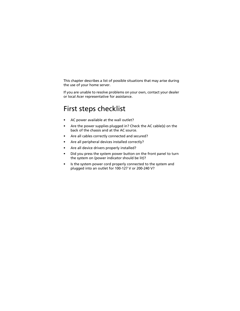 6 troubleshooting, First steps checklist | Acer Aspire easyStore H340 User Manual | Page 131 / 148
