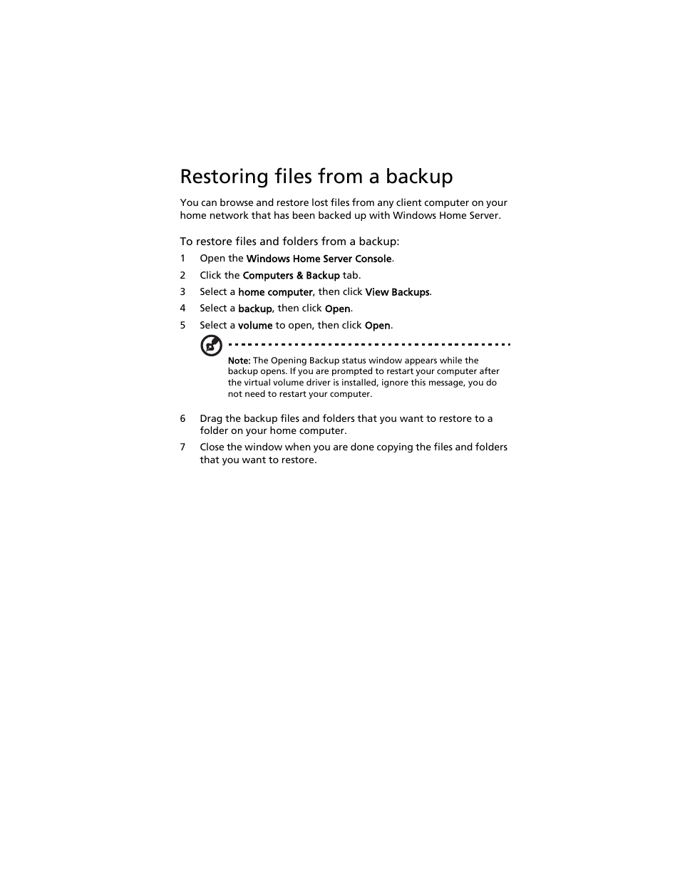 Restoring files from a backup | Acer Aspire easyStore H340 User Manual | Page 139 / 148