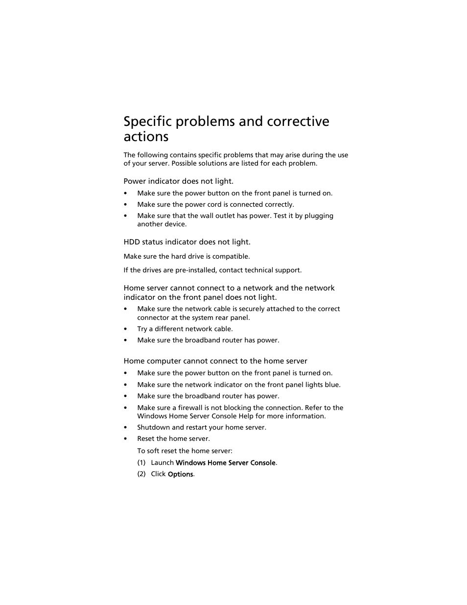 Specific problems and corrective actions | Acer Aspire easyStore H340 User Manual | Page 145 / 148