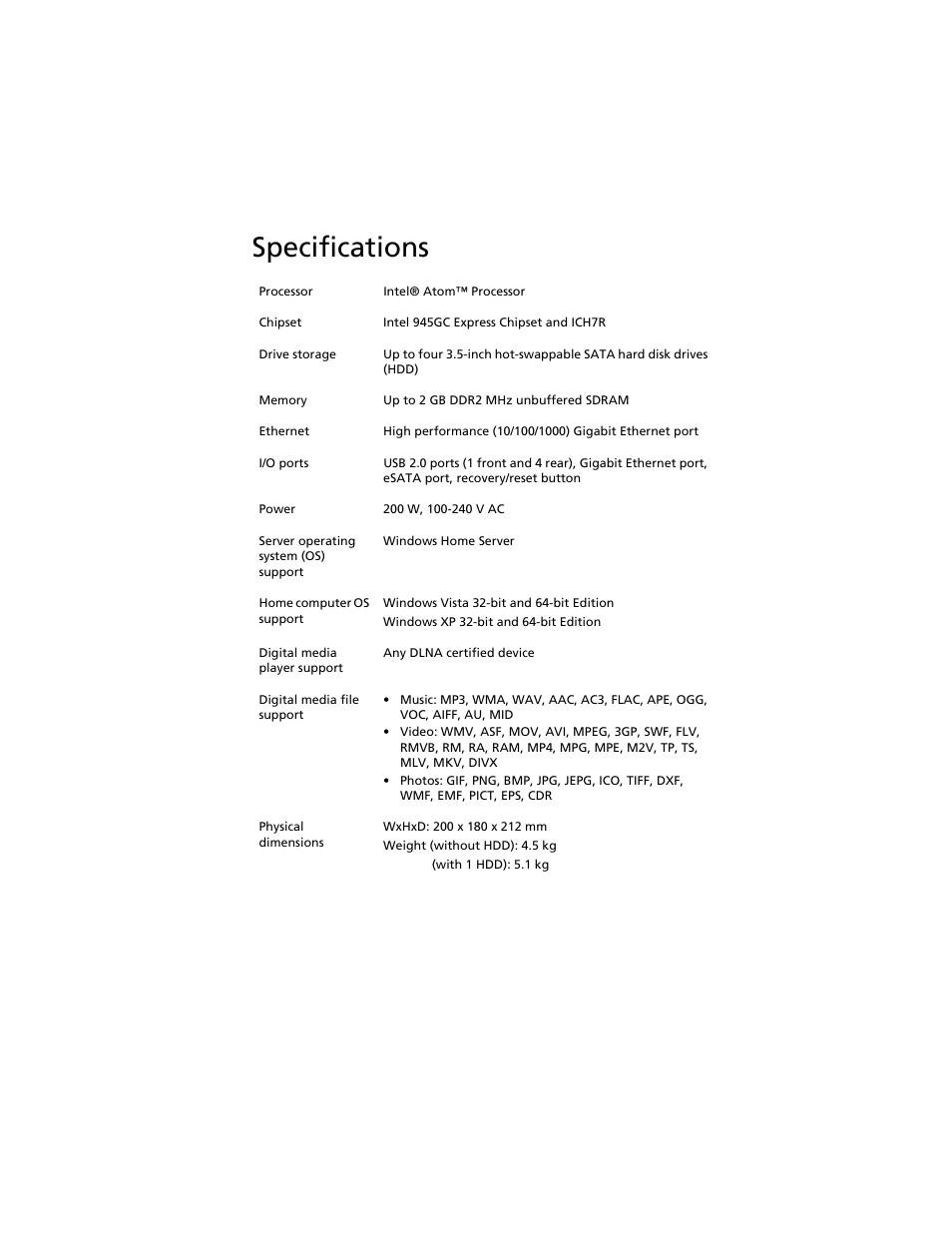 Specifications | Acer Aspire easyStore H340 User Manual | Page 17 / 148
