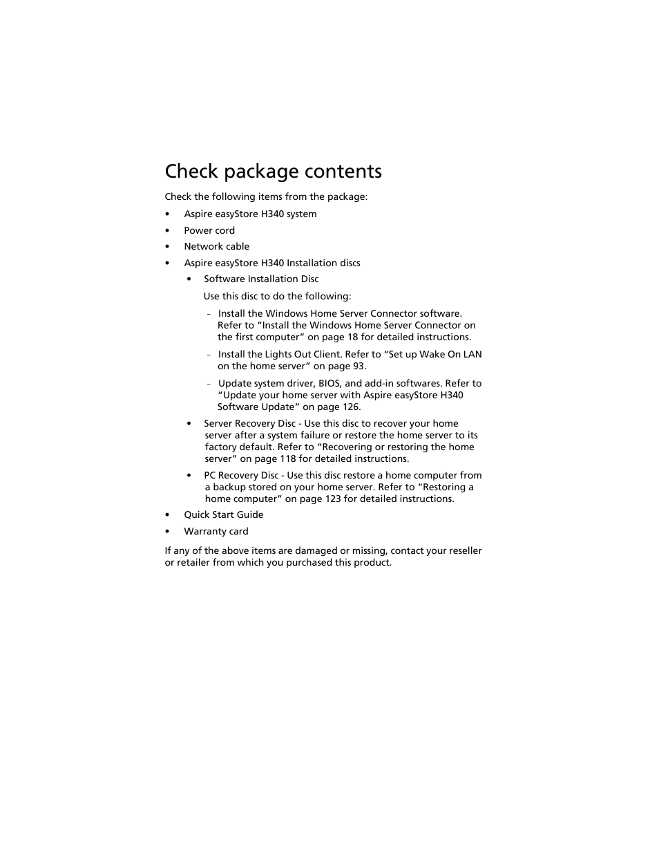 Check package contents | Acer Aspire easyStore H340 User Manual | Page 26 / 148