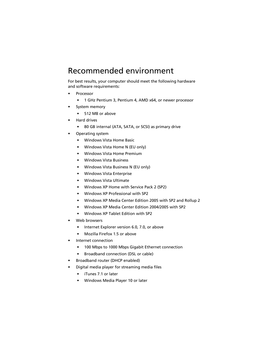 Recommended environment | Acer Aspire easyStore H340 User Manual | Page 28 / 148